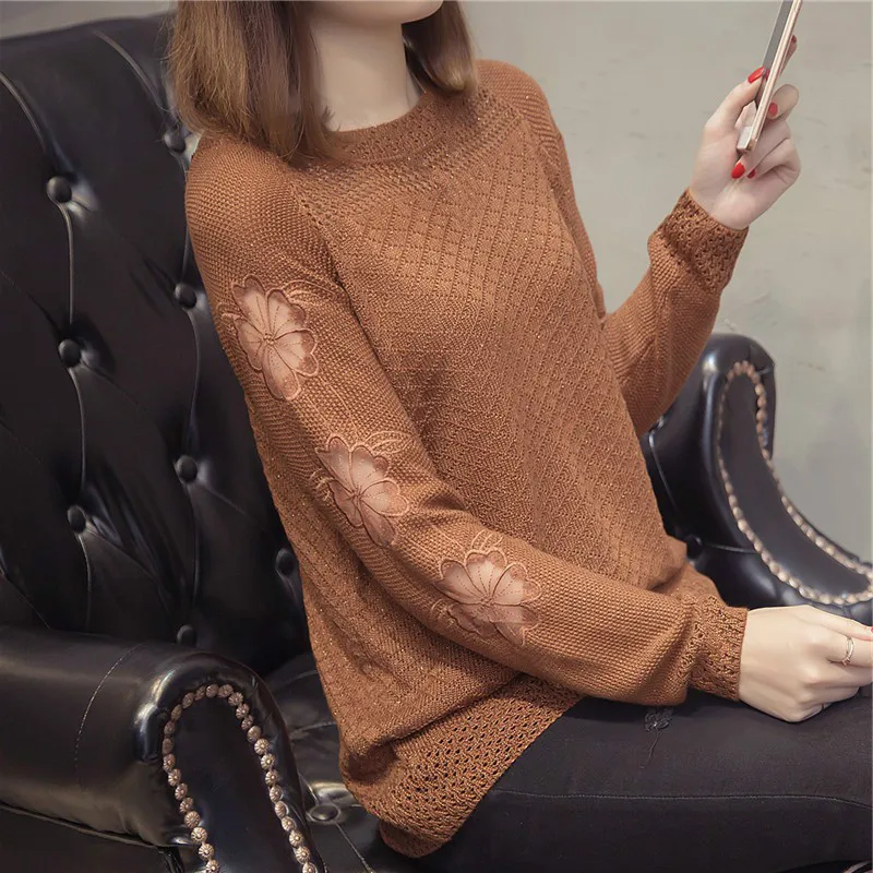 

Girls Long Sleeve Transparent Ladies Pullover Spring Women Sweet Floral Lace Stitch O-neck Brown Sweater Long Sleeve Hollow Out