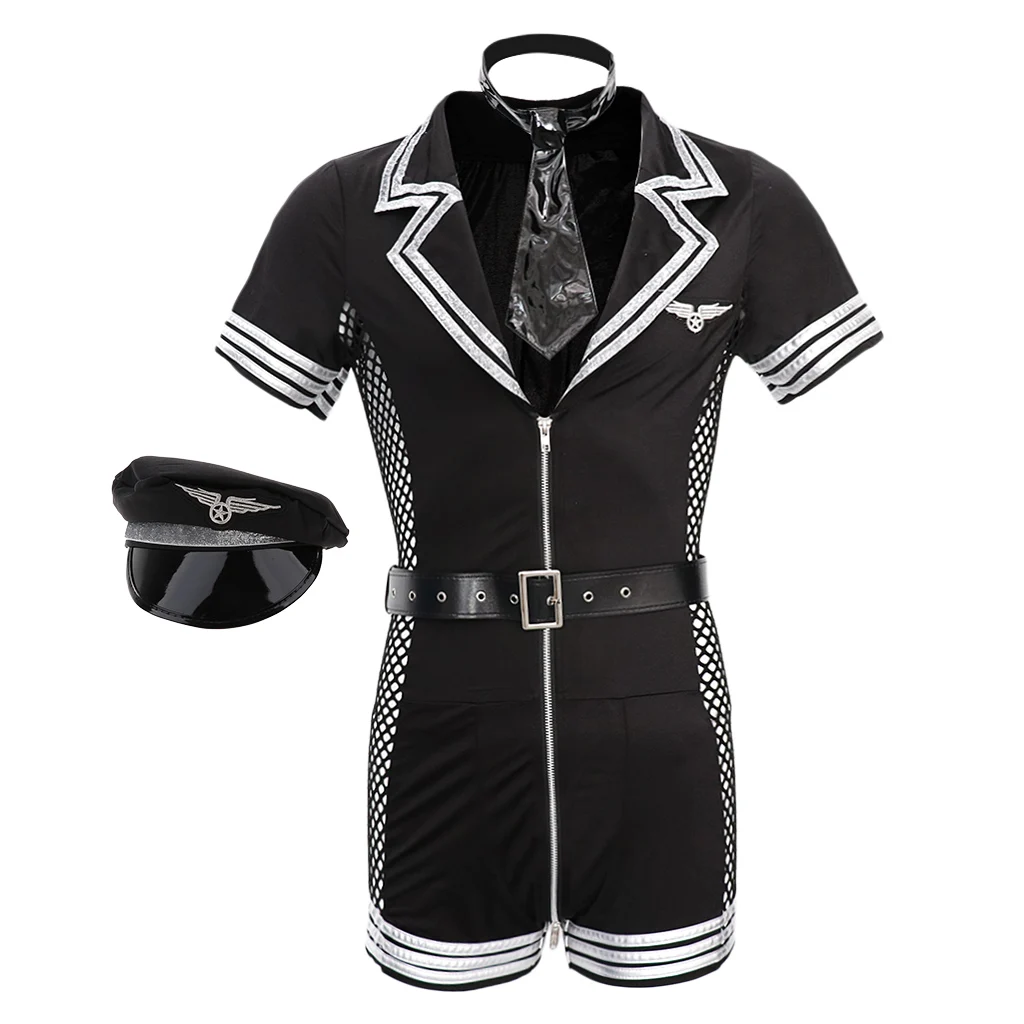 4 pcs Festival Party Mens Airline Pilot Officer Suit Costumes Halloween Role Play Short Sleeve Bodysuit Hat Tie and Belt