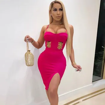 

2020 Women Sexy Hollow Out Hot Pink Sky Blue Bandage Dress Split Chain Summer Chic Evening Celebrity Party Dress Vestido