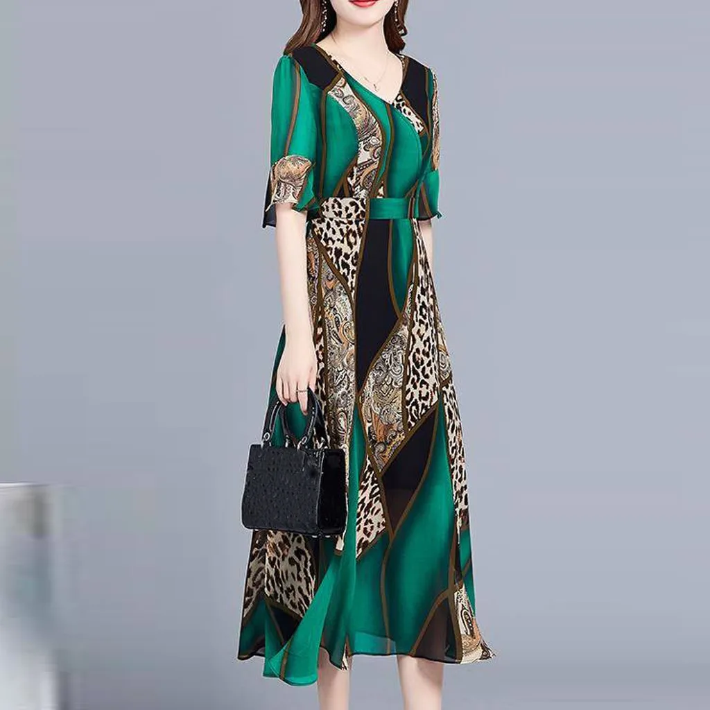 Женское модное летнее платье с v-образным вырезом длиной до колена с коротким рукавом с леопардовым принтом, женское платье Vestidos размера плюс M840