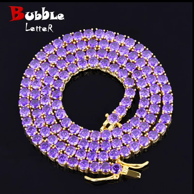 

Iced Out Purple Zircon 1 Row Tennis Chain Necklace Hip hop Jewelry Gold Silver Copper Material Men's Women Necklace Link 3mm 4mm