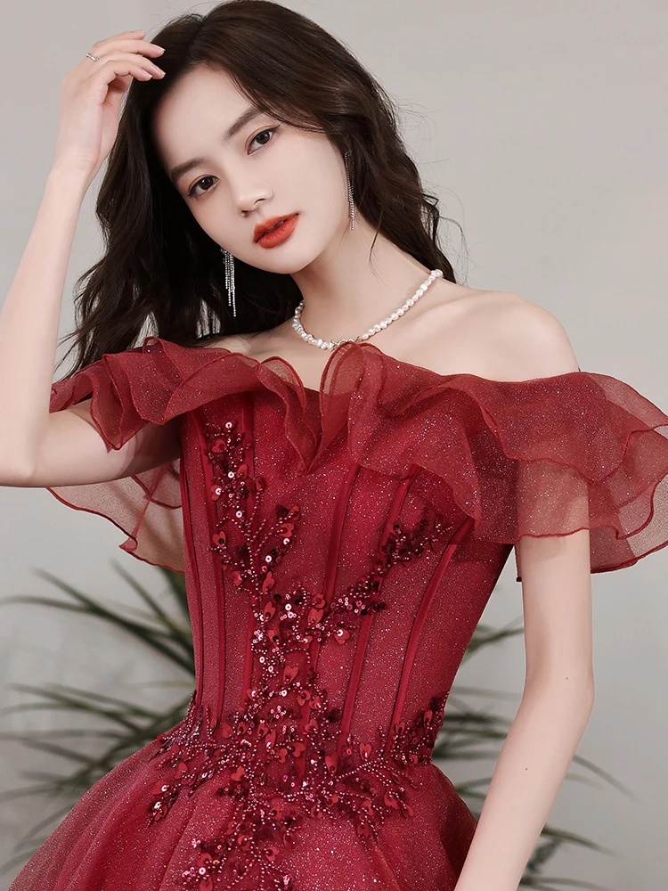 Women Prom Dresses Wine Sequined Long Luxury Beads Ruffle for Party Performance Singing