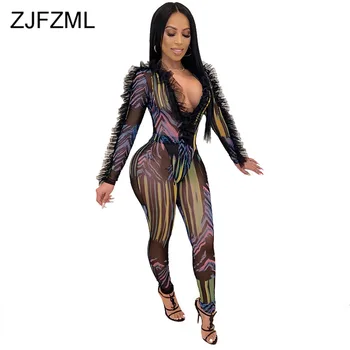 

Printed Sexy Perspective Mesh Romper Women Deep V Neck Ruffles Bodycon Jumpsuit Party Night Club Skinny Long Sleeve Bodysuit