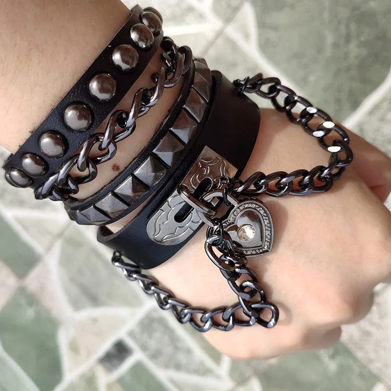 Black Leather Wristband Bracelet Cuff goth gothic bar punk bracelets women men metal armbands cosplay can be adjusted jewelry - Image 6