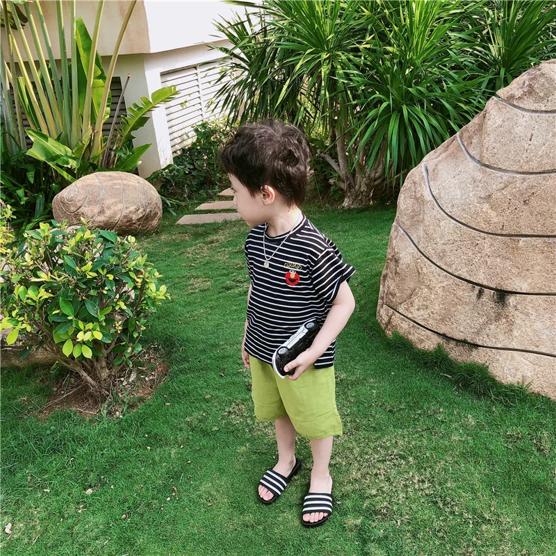 Unibaby2019 летняя Одинаковая одежда для родителей и детей для мужчин и женщин, в Корейском стиле, в полоску, с коротким рукавом