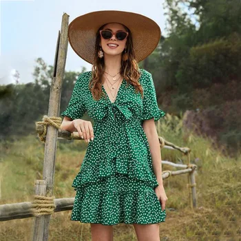 

Summer Short Sleeve Print Dress Women Casual Ruffles V-neck Streetwear Above Knee Mini Dress 2020 New