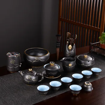 

Gilt ceramic Chinese tea set of simple hand-painted lid bowl teapot high-end gifts organizer teapot set