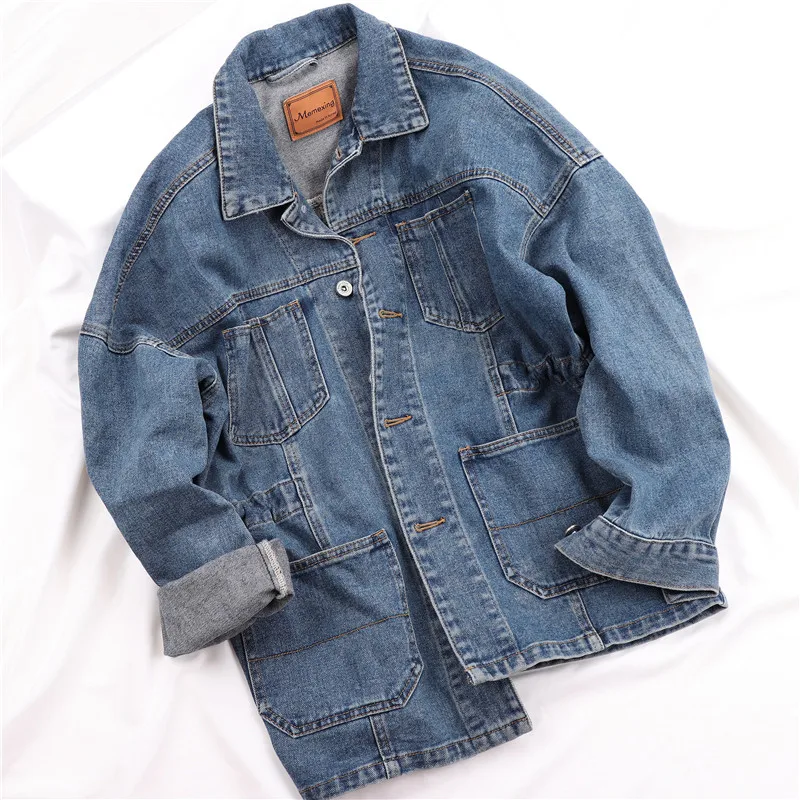 

Spring Autumn Vintage Mid Long Denim Jacket Women Korean style Big size Loose Long sleeve Elastic waist Jeans Jacket Coat Female