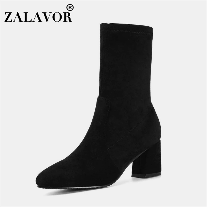 ZALAVOR Women 2020 Stretch Black Ankle Boots Pointed Toe Square Heels Daily Comfortable Short Woman Footwear Size 34-45 | Обувь