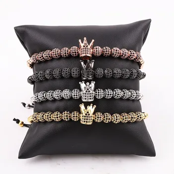 High Quality Luxury Cubic Zirconia Ball Crown Bracelet Men Jewelry Handmade Braided Macrame Bracelet Gift