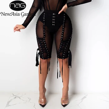 

NewAsia High Waist Mesh Short Pants Women Punk White Knee Length Pants Summer Korean Style Lace Up Party Wear Bodycon Trousers