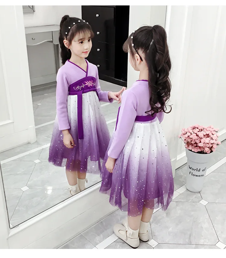 Элегантное платье для девочек платье принцессы зимние Hanfu Детский костюм детская одежда с аппликацией в виде цветка; платья для девочек; праздничная одежда, 2, 5, 8 10 лет
