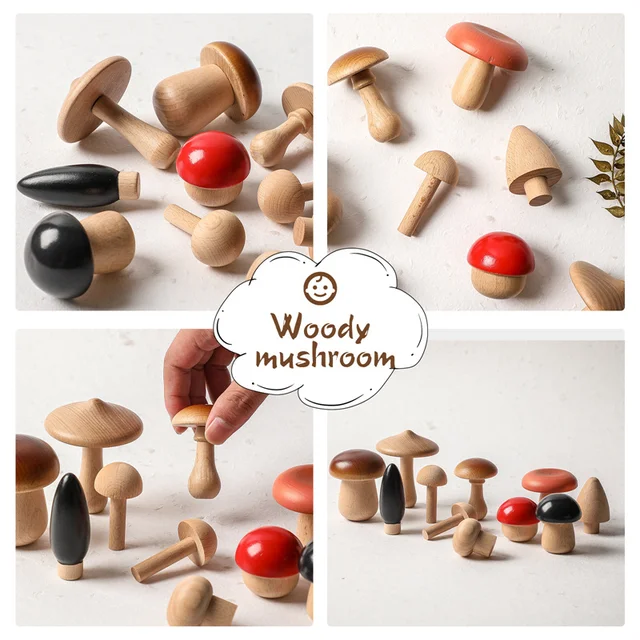 11PCS Wooden Mushroom Building Block Montessori Wooden Block Baby Grasp DIY Creative Toy Room Decoration 6