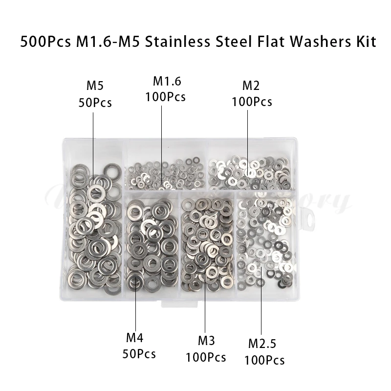 

500pcs DIN125 M1.6/M2/M2.5/M3/M4/M5 304 Stainless Steel Washer Plain Washer Flat Gaskets Assortment Kit