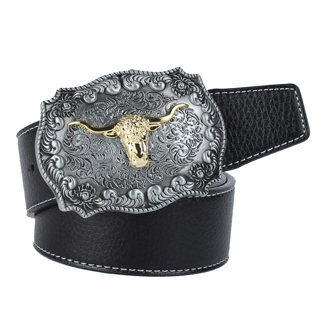 Classic Western Cowboy Rodeo Arabesque Catterl Head Men's Leather Belt Buckle