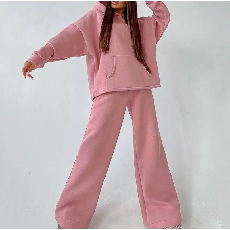 Women Basic Hooded Tracksuit Two Piece Sets Pullover Sweatshirt Top And High Waist Wide Leg Pant Suits Female Fashion Streetwear tweed two piece set