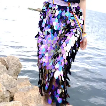 

Holographic Sequined Mermaid Long Suspender Tulle Skirt Fesitval Rave Skirt Clothes Women High Waist Midi Skirt