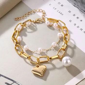 

Vintage Imitation Pearl Pendant Bracelets Bangles Women Wedding Punk Chunky Heart Chain Bracelet Couple Jewelry Gifts