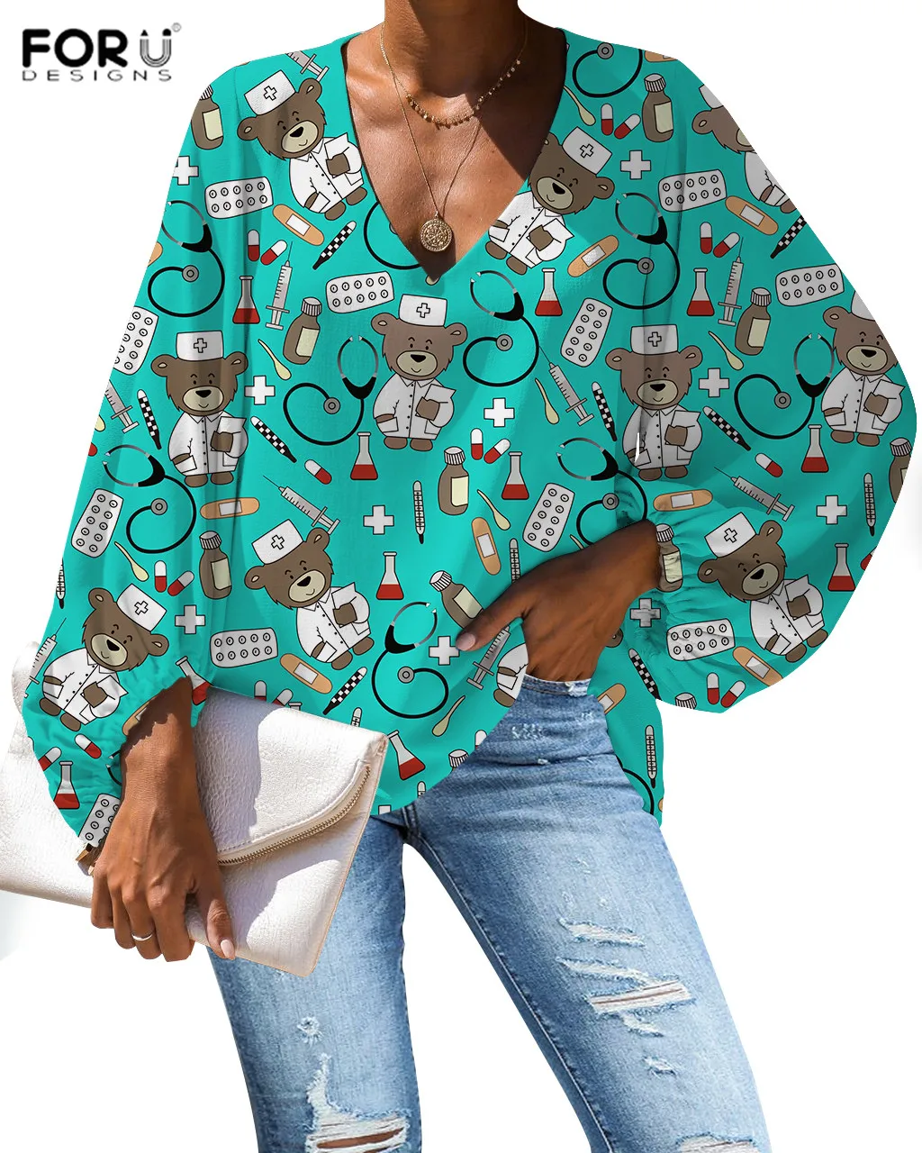 FORUDESIGNS Harajuku Shirt Women Cartoon Nurse Bear Printing Blouse Casual Loose Long Sleeve Shirt Tops Plus Size V-neck - Цвет: HXA110B2