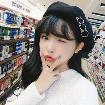 

Female New Winter Berets Wool Cotton Blend Iron Rings Beret Caps Autumn Artist Beanie Ski Cap Sweet Girl Hats boinas de mujer