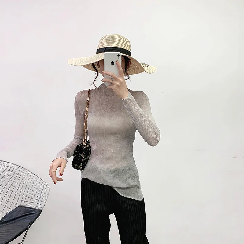 Light Grey Miyake плиссированные топы, водолазка, одноцветная рубашка с длинным рукавом, женская, плюс размер, тонкая, плиссированная, сексуальная, нижняя, зимняя, Новая мода - Цвет: Light Grey