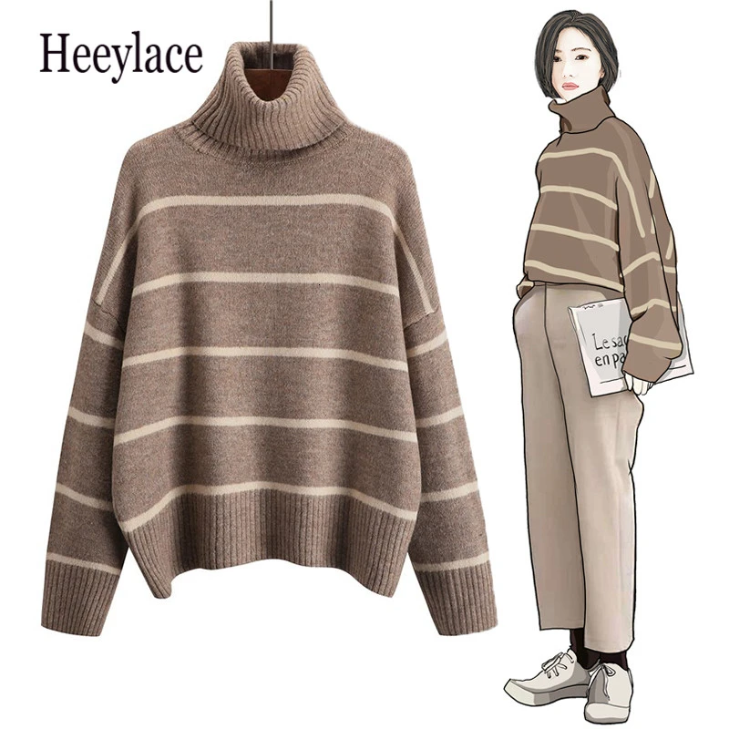Autumn Winter Women Casual thick Sweater 3 Colour Turtleneck Computer Knitted Striped Pullovers Loose Office Lady Top | Женская одежда