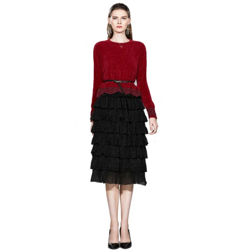 

Fashion WOMEN'S Suit 2019 Autumn And Winter Knitted Sweater + Cake Dress Half-length Skirt Elegant Slimming Two-Piece Set Europe