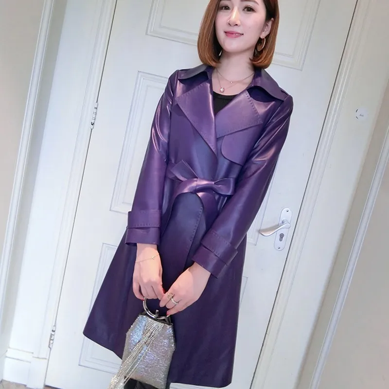 Purple Высокое качество, модные офисные женские куртки средней длины из натуральной кожи, роскошные приталенные куртки из овчины с поясом, ветровка, пальто - Цвет: Purple