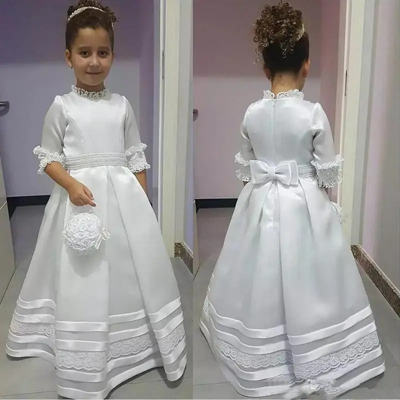 64Vintage White A Line Satin Flower Girls Dresses Simple Half Sleeve Lace Appliques First Holy Communion Dress With Bow
