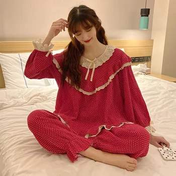

Two Piece Set Pajamas Mujer Sweet Cute Dot Polka Home Clothes Lace Patchwork Ruffles Sleepwear Kawaii Gentle Korean Pijama S800