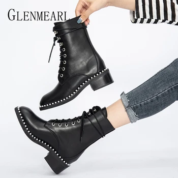 

Black Women Boots Winter Shoes Platform Lace Up Pearl Shoe Leather PU Woman Ankle Boots Thick Heels Round Toe Boats Mujer