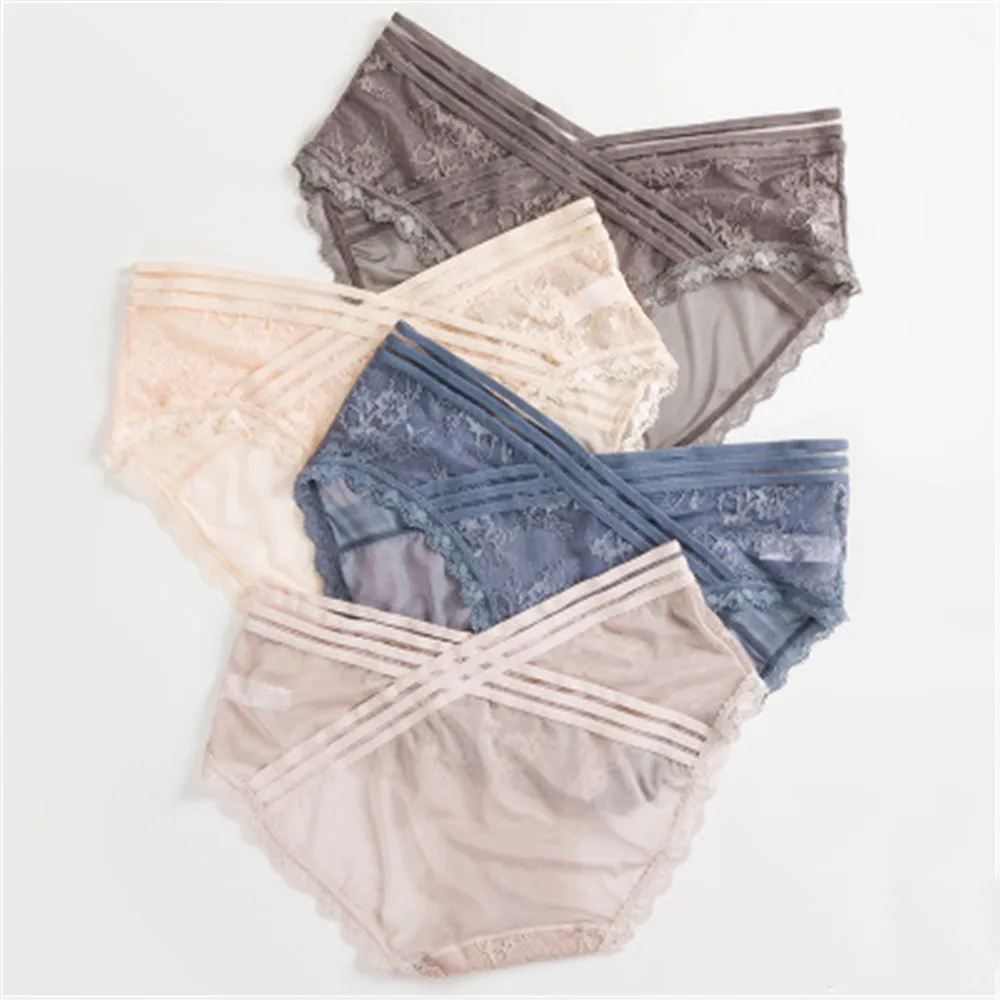 

New Women's Low Waist Lace Panties Breathable Seamless Sexy Opentransparent Mesh Cotton Crotch Ladies Triangle Panties
