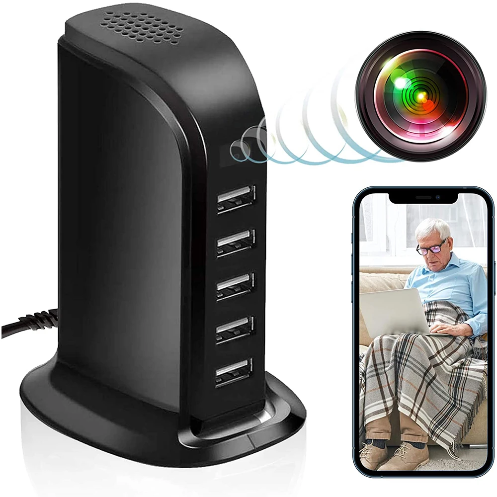 1080P HD WiFi Mini Camera USB 5 Port Hub Charger Video Recorder Remote View P2P Wireless Home Security Camcorder Hidden TF Card