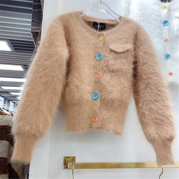 

Shop1314 Elegant Mink Cashmere Sweater Cardigans Fashion Sweet Colorful Buttons Design V Neck Long Sleeve Knitted Coat Cardigan