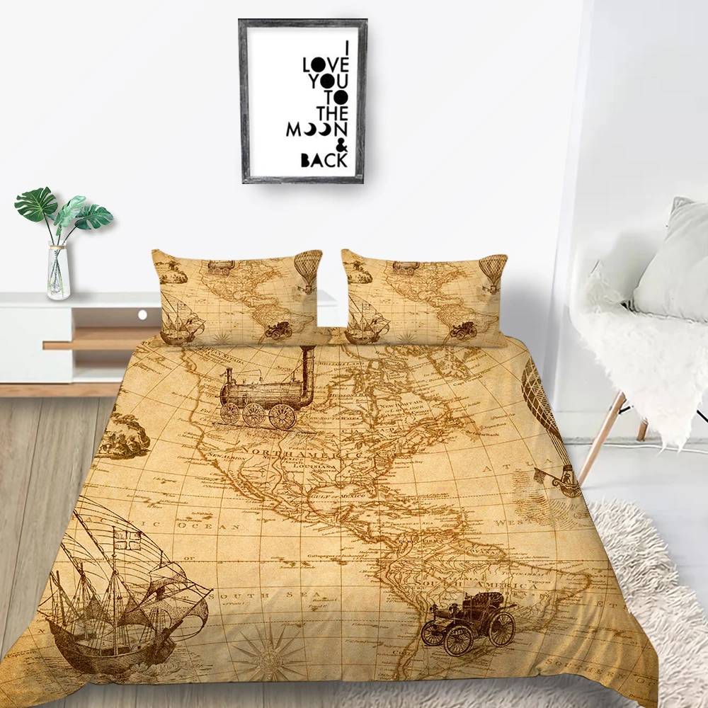 Комплект постельного белья с винтажной картой мягкое модное покрывало