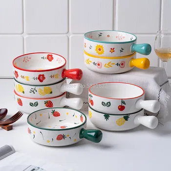 

New Simple Ceramic Handle Bowl Handle Bowl Fruit Salad Breakfast Bowl with Handle Creative Nordic Household Tableware
