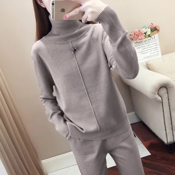 

Women's Long Sleeve Knitted Suit Turtleneck Pullover + Pencil Pants Set Lady's Runway Knitted Pants 2 piece set women