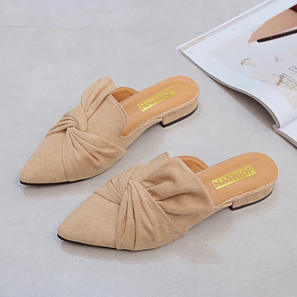 

Flock Bow Mules Women Shoes Pointed Toe Summer Slippers Solid Flat Flip Flops Brand Lazy Slides Bowknot Shoes 2019 Chaussures