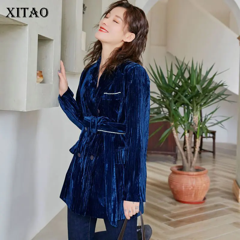XITAO бандажный однотонный Блейзер Модный Блестящий двойной нагрудный длинный рукав весеннее повседневное пальто с карманами DMY2514