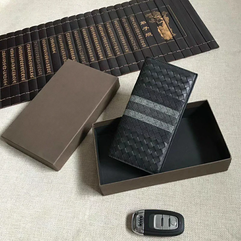 Woven Embroidered Genuine Leather Men's Long Wallet Luxury Brand Design 100% Cowhide Clutch Business Suit Money Clips 2021 New