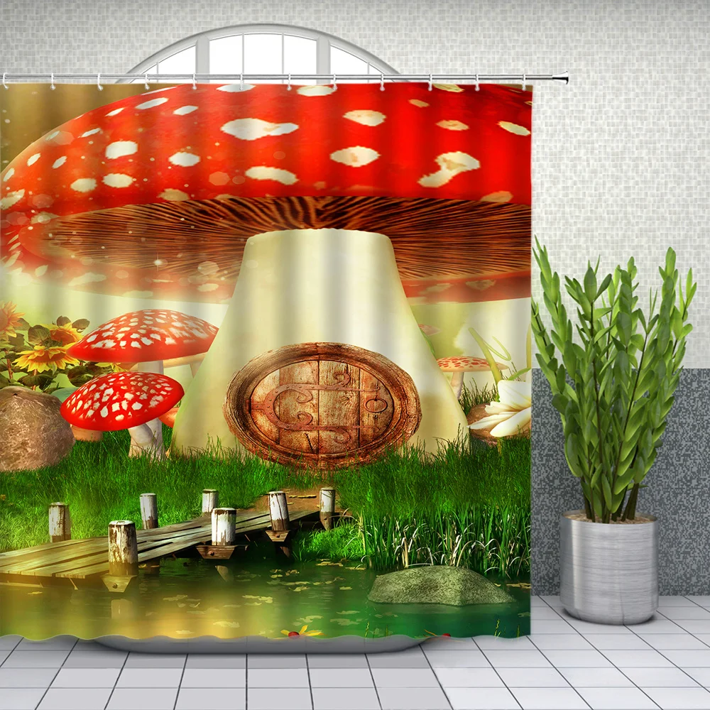 

Landscape Shower Curtains Green plant Forest Red Mushroom House Flowers Bathroom Decor Home Bath Waterproof Polyester Curtain