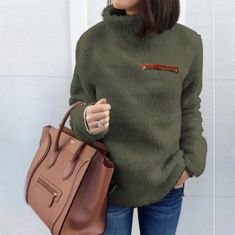 Solid Color Plush Zipper High Neck Long-Sleeved Sweater 2021 Winter New Fashion Casual Women