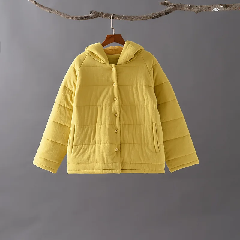 Yellow Aransue Winter Cotton Linen Coat with Hood Women New Style RETRO Cap Short Cotton Jackets Warm and Thick Cotton Tops - Color: Yellow