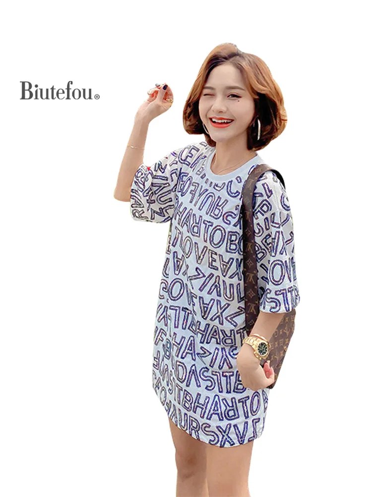 

2020 Summer letter sequins dresses new arrival women o-neck dresses