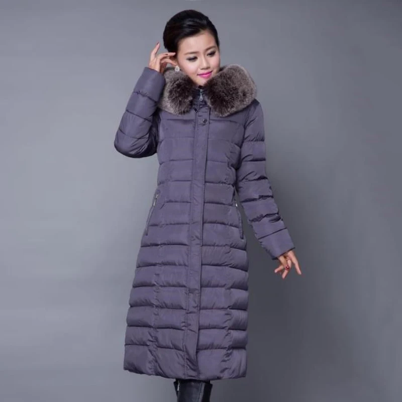 Большой Размер 4XL 5XL, женская зимняя длинная куртка с капюшоном, Женская парка с меховым воротником, хлопковые пуховики для женщин, облегающие куртки размера плюс - Цвет: Navy B lue
