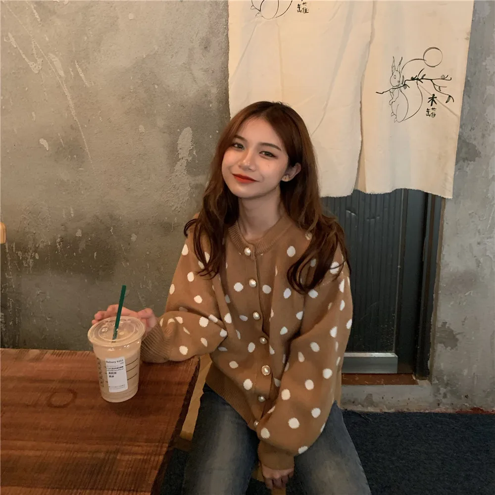 Woherb, милый женский кардиган в горошек,, осень, зима, Harajuku, винтажный свитер, пальто, корейский стиль, вязанный джемпер, топы, Sueter