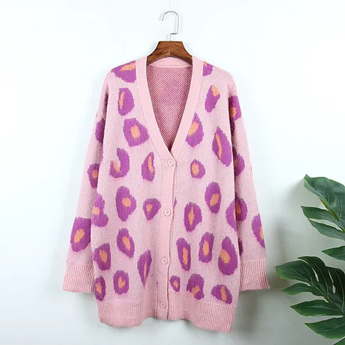 Розовый Женский мохеровый кардиган lazy oaf розовый Леопардовый длинный вязаный свитер женский теплый объемный свитер кардиган Свободная верхняя одежда Топ - Цвет: Розовый