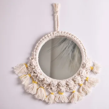

Bohemian Wall Hanging Tapestry Round Macrame Mirror Handmade Cotton Woven Tapestry for Bedroom Living Room Party Wall Decoration