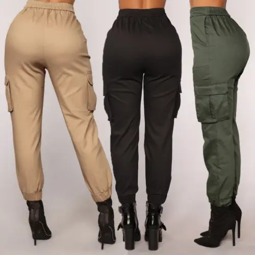 New Fashion Stretch Women Pants High Waist Cargo Ladies Pants Khaki Army Green Black Casual Long Trousers