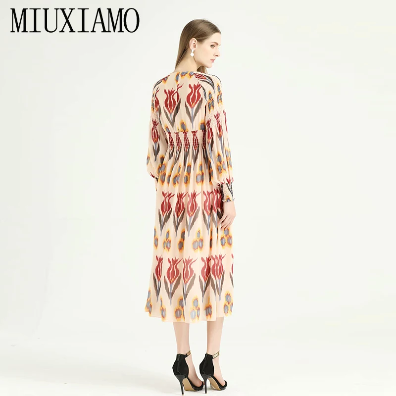 MIUXIMAO высококачественный ремешок для часов, взлетно-посадочной полосы Дизайн Весна платье Цветочный принт длинный рукав Элегантное Длинное Платье Для женщин Vestidos